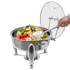Chafing Dish, 6L Kapacitet, Rustfrit Stål Konstruktion, Glaslåg, Alkoholvarmer, Ideel til Sammenkomster Online