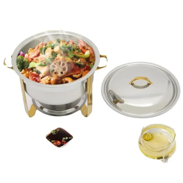 Madopvarmere>Chafing Dish, 5L kapacitet, rustfrit stål materiale, rund form, belastning 22 lbs, dimensioner 16,54 x 12,6 tommer