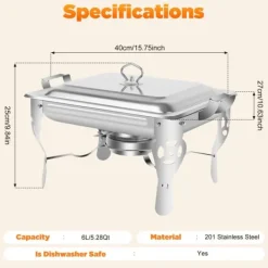 Tilbehør Til Madservering>Chafing dish, madvarmer i rustfrit stål, sølv, til buffet, catering og storkøkken