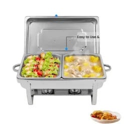 Tilbehør Til Madservering>Chafing Dish Sæt, Rustfrit Stål, 4 Madpander, 3,7 Qt Pande Kapacitet, Energi Effektiv Brændstofkilde, Ideel til Catering