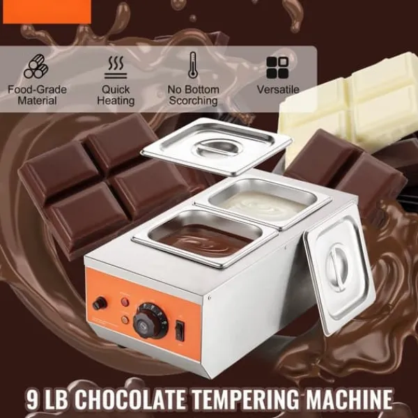 Chokoladetempereringsmaskine med 9 lbs smeltedigel og 2 tanke til perfekt chokoladelevering.
