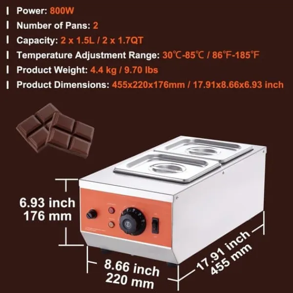 Chokoladetempereringsmaskine med 9 lbs smeltedigel og 2 tanke til perfekt chokoladelevering.