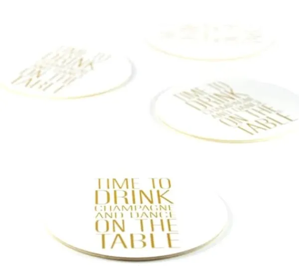 Coasters 4-pak "Time to drink" hvid med gulfarvet tekst Hot