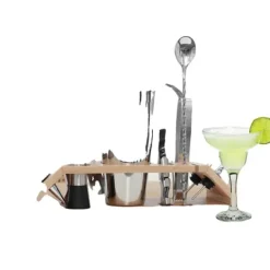 Barudstyrssæt>Cocktail Shaker Sæt, 13-delt Samling, Rustfrit Stål Tilbehør, Bambus Stativ