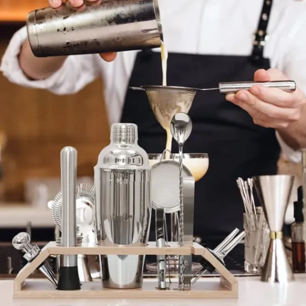 Barudstyrssæt>Cocktail Shaker Sæt, 13-delt Samling, Rustfrit Stål Tilbehør, Bambus Stativ