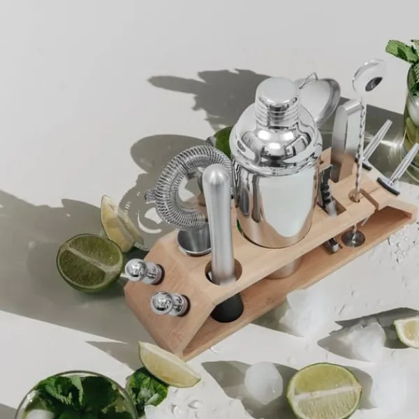 Barudstyrssæt>Cocktail Shaker Sæt, 13-delt Samling, Rustfrit Stål Tilbehør, Bambus Stativ