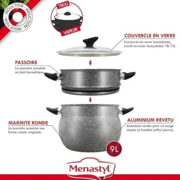 Madlavningsmaskiner>Couscoussier - MENASTYL - 6020033 - Marmorlook aluminium - 9 liter - Velegnet til alle varmekilder inklusive induktion