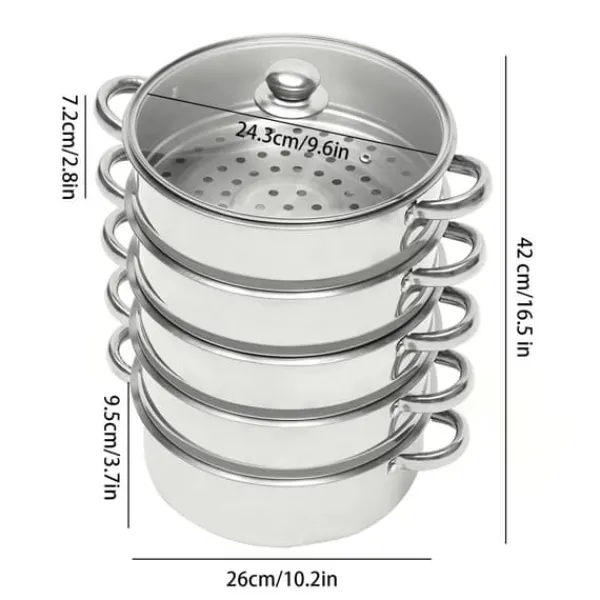 Madlavningsmaskiner>Dampgryde - Dampkoger 5-lags 26 cm - Rustfrit stål - Glaslåg - Stabelbar - Dobbeltkedel - Hvid