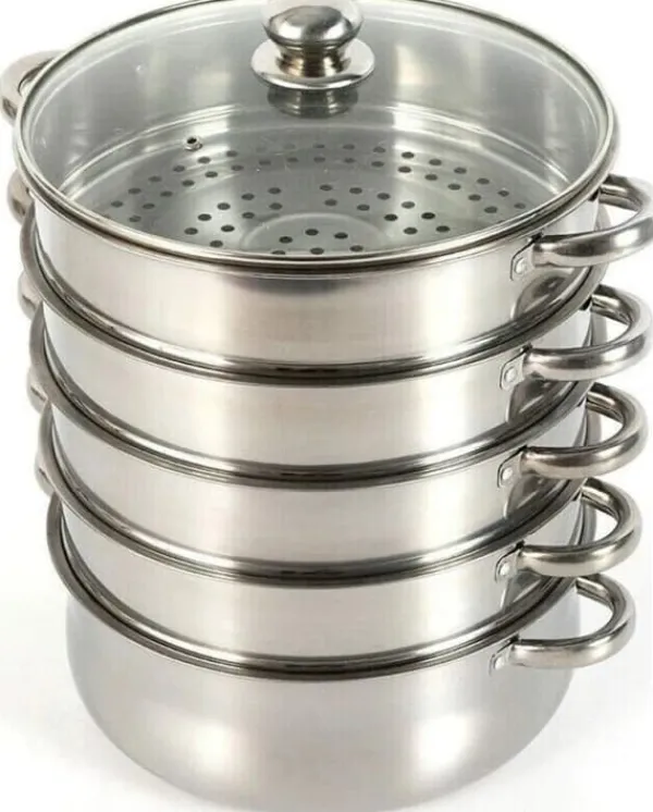 Madlavningsmaskiner>Dampgryde - Dampkoger 5-lags 26 cm - Rustfrit stål - Glaslåg - Stabelbar - Dobbeltkedel - Hvid