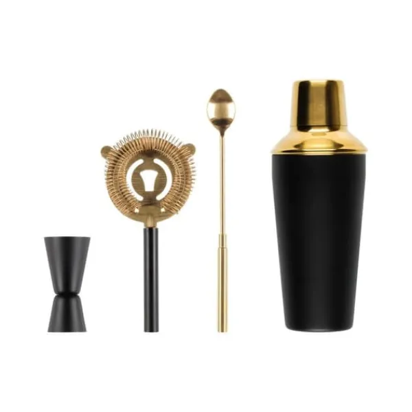 Barudstyrssæt>4-delt cocktailsæt med shaker og bartilbehør - sort/guld