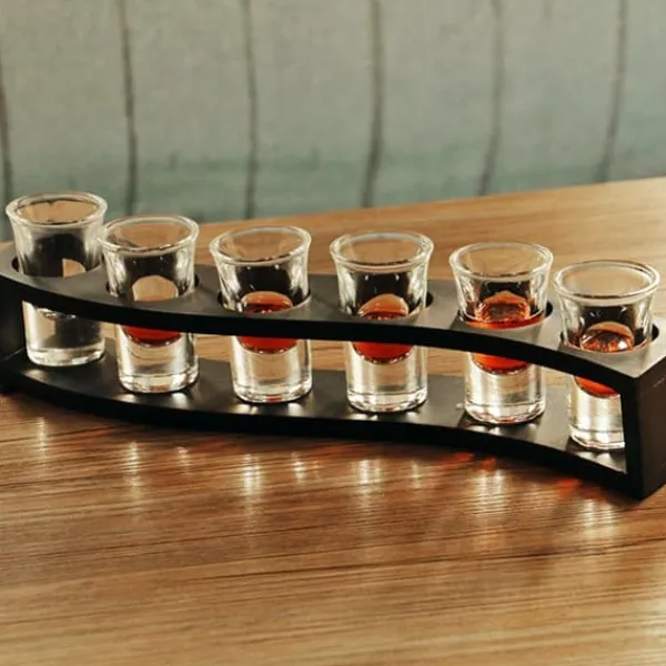 Vinflaskeholdere>Desktop Bambus 6 Flasker Vinkop Rack Glasholder Display Hylde Organizer