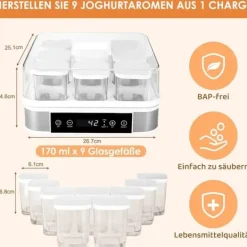 Yogurtmaskiner>Digital Yoghurtmaskine, 9 Portionsglas, Temperatur- og Tidskontrol