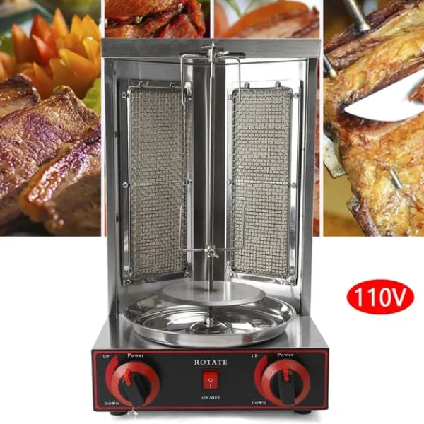 Grill-Ovne & Ovn Med Roterende Stegespyd>Döner kebabgrill, gas/LPG 3000 W 220 V, rustfrit stål, sølv, til kylling & kalkun