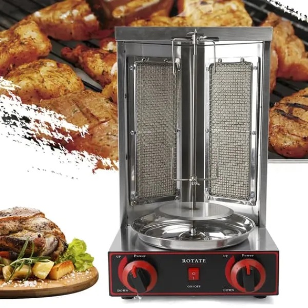 Grill-Ovne & Ovn Med Roterende Stegespyd>Döner kebabgrill, gas/LPG 3000 W 220 V, rustfrit stål, sølv, til kylling & kalkun