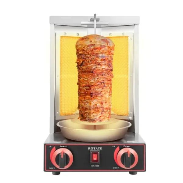 Döner Kebab/Shawarma Grill - Vertikal Gasgrill - Automatisk Rotation - 2 Brændere - Drejeknap-styring - Professionel - Sølv Sale