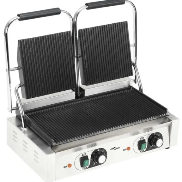 Brødristere, Raclettegrills Og Sandwichtoastere>Dobbelt rillet paninigrill 3600 W - Robuste støbejernsplader | Størrelse: 57x30,5x20 cm