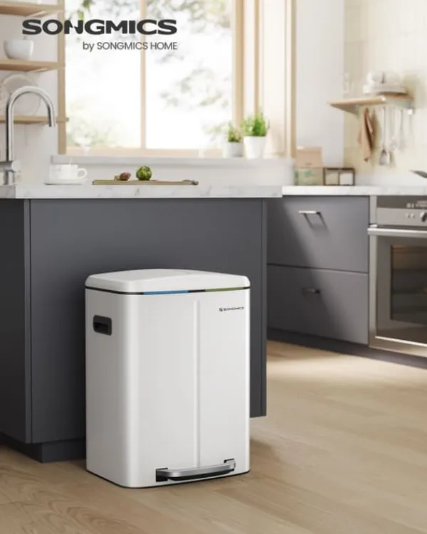 Dobbelt skraldespand, 2 x 20 l køkkenaffaldsspand, metaltrinspand med to rum, indvendige plastspande, soft-close-låg og håndtag, lugtforsegling, hvid | CDON Outlet