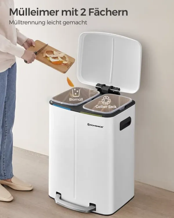 Dobbelt skraldespand, 2 x 20 l køkkenaffaldsspand, metaltrinspand med to rum, indvendige plastspande, soft-close-låg og håndtag, lugtforsegling, hvid | CDON Outlet