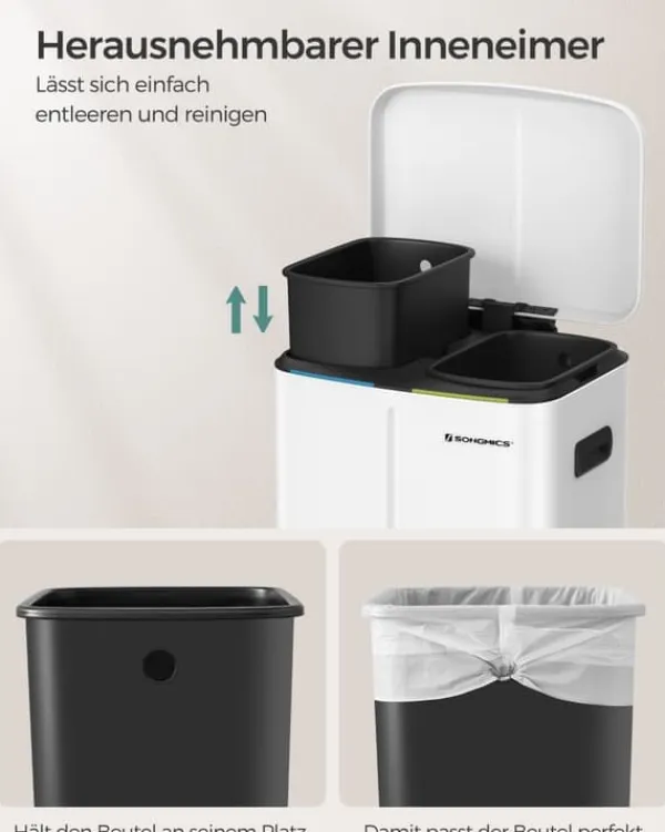 Dobbelt skraldespand, 2 x 20 l køkkenaffaldsspand, metaltrinspand med to rum, indvendige plastspande, soft-close-låg og håndtag, lugtforsegling, hvid | CDON Outlet