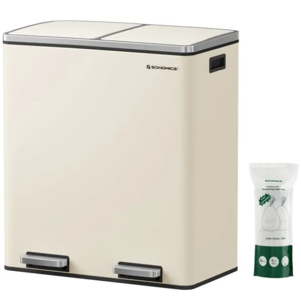 Skraldespande & Papirkurve>Dobbeltrum 2 X 30 L Skraldespand med 2 Skraldeposer, Metalfodpedaler, Creme