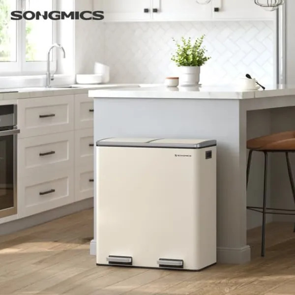 Skraldespande & Papirkurve>Dobbeltrum 2 X 30 L Skraldespand med 2 Skraldeposer, Metalfodpedaler, Creme