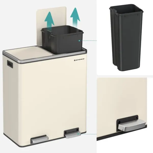 Skraldespande & Papirkurve>Dobbeltrum 2 X 30 L Skraldespand med 2 Skraldeposer, Metalfodpedaler, Creme