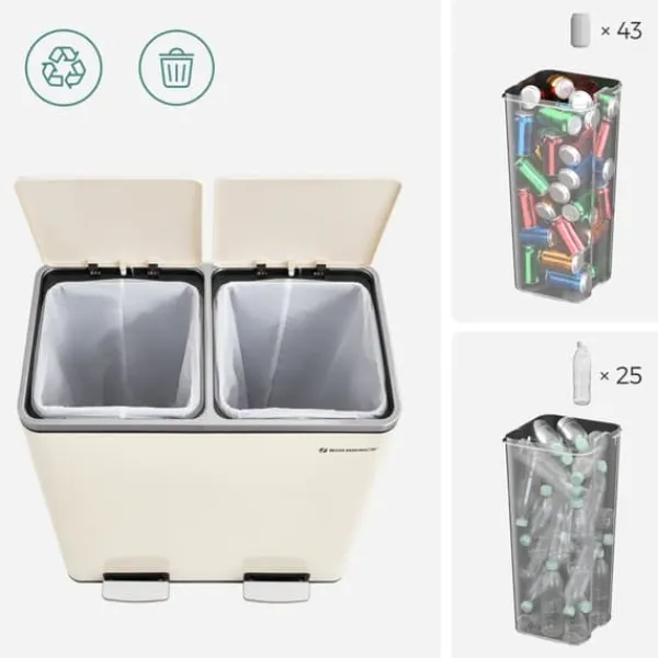 Skraldespande & Papirkurve>Dobbeltrum 2 X 30 L Skraldespand med 2 Skraldeposer, Metalfodpedaler, Creme