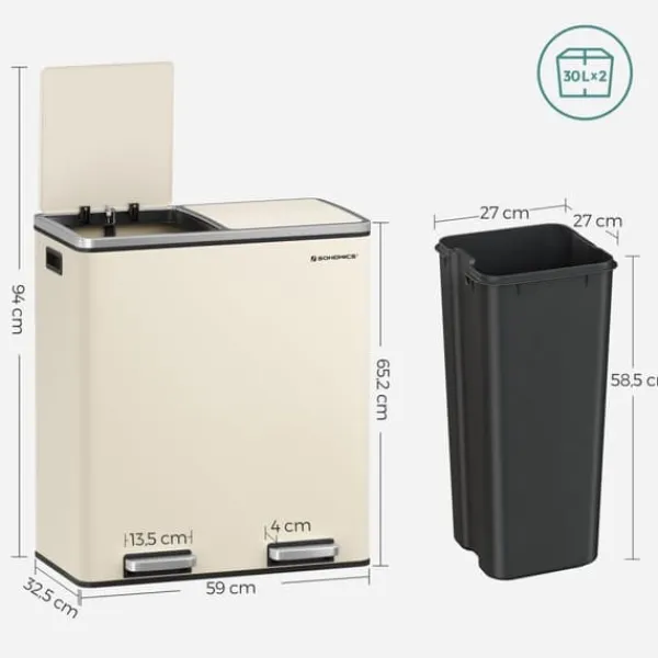 Skraldespande & Papirkurve>Dobbeltrum 2 X 30 L Skraldespand med 2 Skraldeposer, Metalfodpedaler, Creme