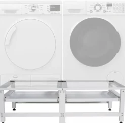 Vaskemaskiner>Double Washing Machine Base Stand - White Metal - Holds 2 Appliances, with Storage Drawers