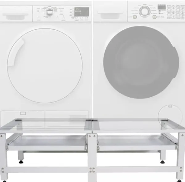 Vaskemaskiner>Double Washing Machine Base Stand - White Metal - Holds 2 Appliances, with Storage Drawers