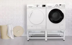 Vaskemaskiner>Double Washing Machine Base Stand - White Metal - Holds 2 Appliances, with Storage Drawers