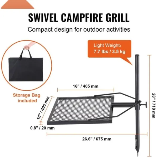 Drejelig bålgrill i kraftigt stål med justerbar madlavningsrist til åben ild. Perfekt til udendørs gril og madlavning! Clearance