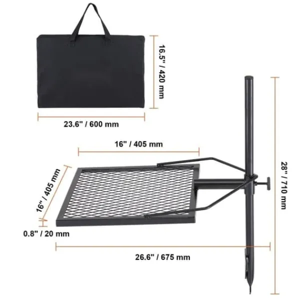 Drejelig bålgrill i kraftigt stål med justerbar madlavningsrist til åben ild. Perfekt til udendørs gril og madlavning! Clearance