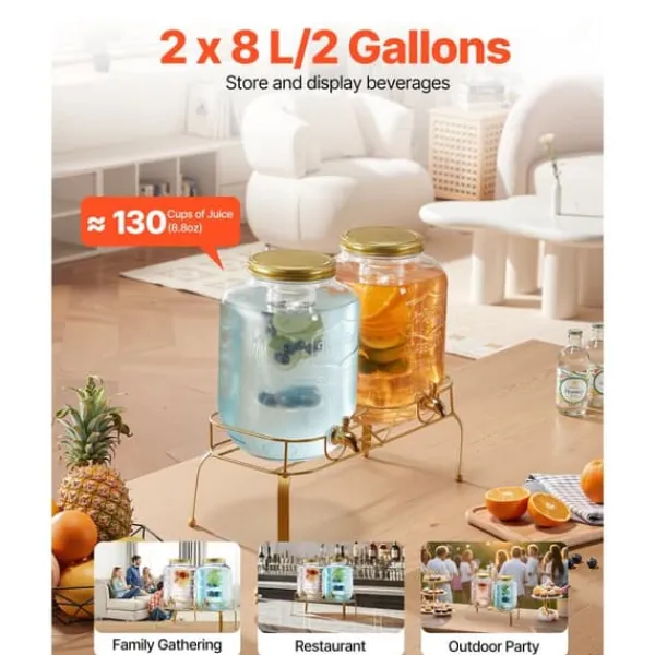 Drikkedispenser 8L, Glasdispenser til Fester, med Stativ, 2 Stykker Pakke Online