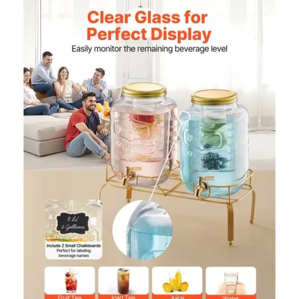 Drikkedispenser 8L, Glasdispenser til Fester, med Stativ, 2 Stykker Pakke Online