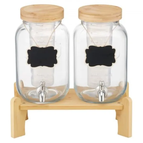 Drikkedispenser, 2-pak glasjuicebeholder med træstander, 30x15x24,4 cm, transparent New