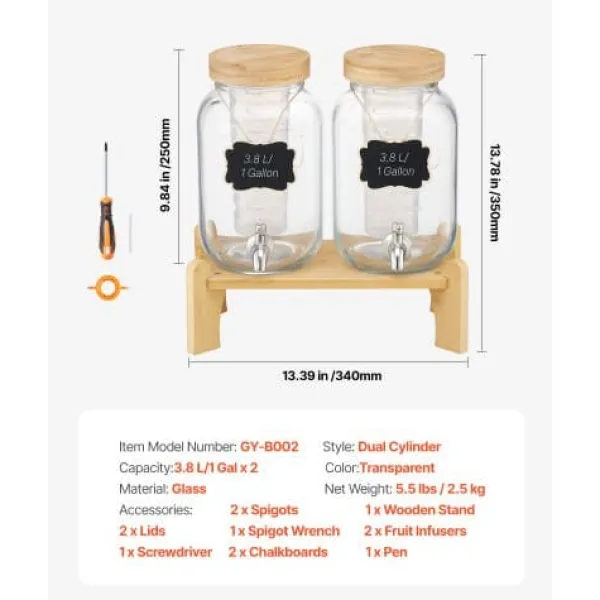 Drikkedispenser, 2-pak glasjuicebeholder med træstander, 30x15x24,4 cm, transparent New