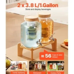 Drikkedispenser, 2-pak glasjuicebeholder med træstander, 30x15x24,4 cm, transparent New