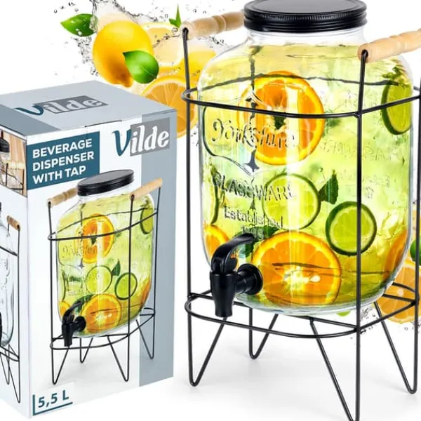 Drikkekrukke med hane og stativ, sort, 5,5 l Discount
