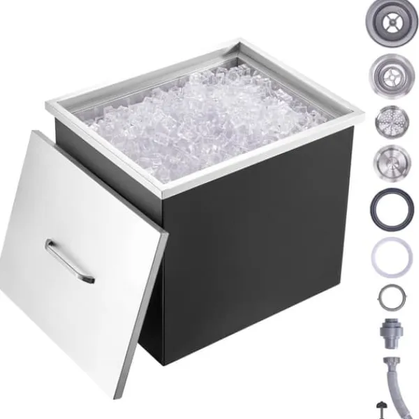 Isspande & Kølere>Drop-in isokiste, 21"L x 17"B x 18"H i rustfrit stål, kommerciel, 40 qt. til udendørs vin- og ølkøling, inkluderer afløb.