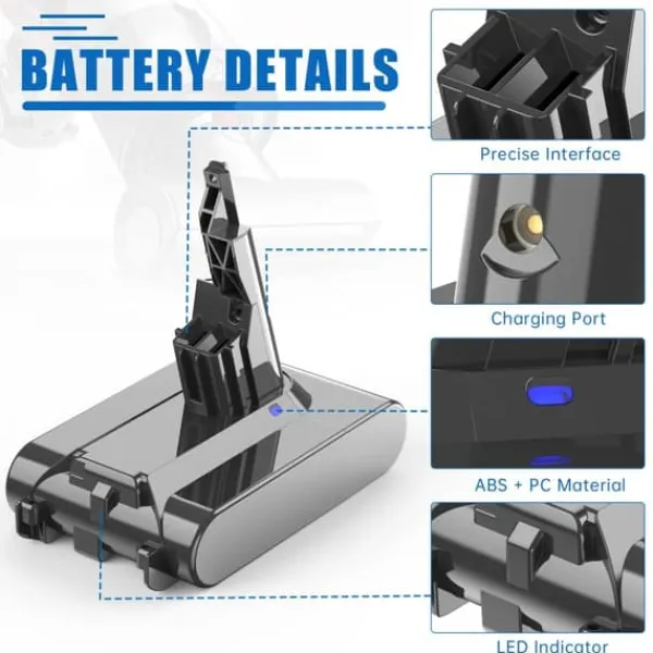 Dyson V7 (SV11) erstatningsbatteri, lysegrå, 6000 mAh 6.0 Ah, til Motorhead, Animal Pro, Trigger ledningsfri støvsuger Clearance