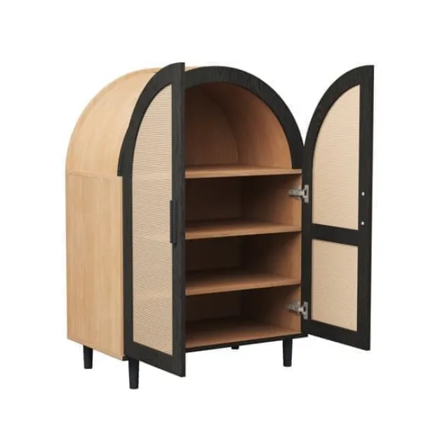 Elegant skænk/skoskab med afrundet side, rattantlåger og 3 hylder Best
