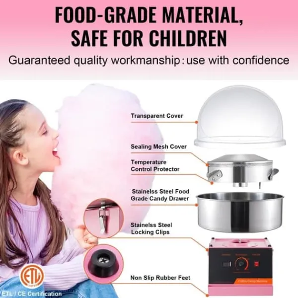 Maskiner Til Candyfloss>Elektrisk bomuldsslikmaskine 1000W, kommerciel candy floss maker, rustfri stålskål, låg og sukkerske, perfekt til fester og arrangementer