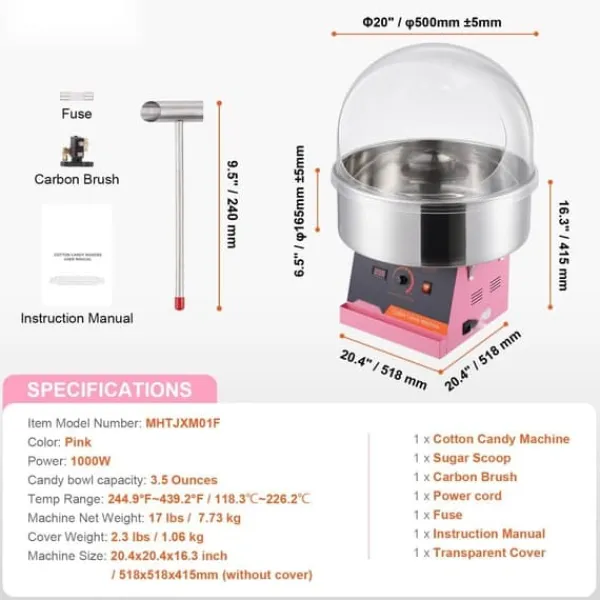 Maskiner Til Candyfloss>Elektrisk bomuldsslikmaskine 1000W, kommerciel candy floss maker, rustfri stålskål, låg og sukkerske, perfekt til fester og arrangementer