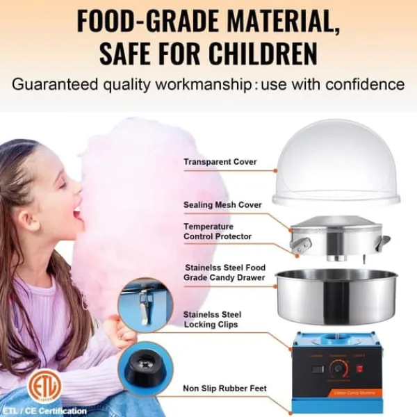 Maskiner Til Candyfloss>Elektrisk Candy Floss Maskine, 1000 W Sukkerspindeproducent, Kommerciel Candy Floss Maskine med Låg, Rustfri Stålskål og Sukkerske, Ideel til Fester | CDON