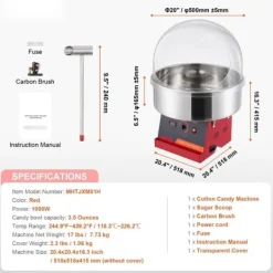 Elektrisk Candy Floss Maskine, 1000 W, Kommerciel Candy Maker med Låg, Rustfri Stålskål og Sukkerske, Ideel til Fest og Arrangementer Hot