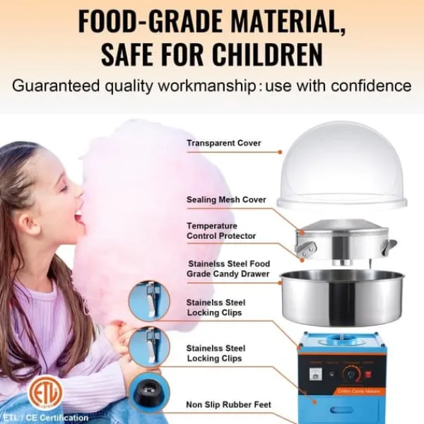 Maskiner Til Candyfloss>Elektrisk Candyflossmaskine 1000W, Kommerciel Sukkerspinder med låg, Rustfri Stålskål, Sukkerske, Skuffe, Perfekt til Fest og Arrangementer