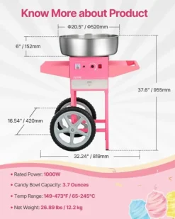 Maskiner Til Candyfloss>Elektrisk Candyflossmaskine, 1000W Effekt, 3,7 ounces Skålkapacitet, 149-473°F Temperaturinterval,pink