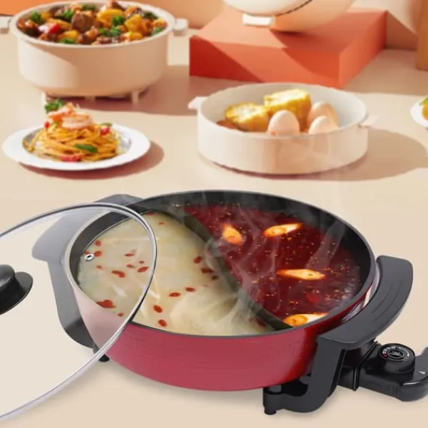 Madopvarmere>Elektrisk hot pot - Kogegryde - 1360 W - 360° cirkulationsvarme - Fødevaregodkendt non-stick-belægning - Alsidig brug - Sort