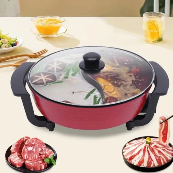 Madopvarmere>Elektrisk hot pot - Kogegryde - 1360 W - 360° cirkulationsvarme - Fødevaregodkendt non-stick-belægning - Alsidig brug - Sort
